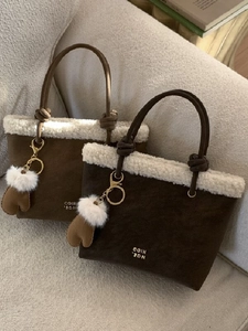 Women Winter PU Suede Bucket Bag With Lamb Wool Trim Glove Pendant Retro Contrast Stitching Shoulder Crossbody Bag