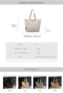 Detailed size specifications for a large capacity canvas tote bag with dimensions