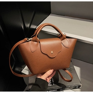 Detail of brown lychee texture leather handbag with gold snap button on a luxury book