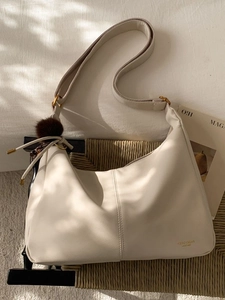 Women's PU Leather Hobo Crossbody Bag Large Capacity Dumpling Bag With Pompom Tassel Pendant Stitching Shoulder Bag