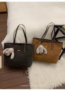 Retro minimalist large tote bags in coffee and tan suede finish with plush rabbit charms