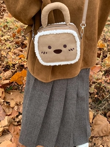 Brown faux suede plush crossbody bag with cute cartoon bear face and white faux fur trim