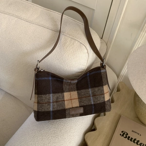 Sac fourre-tout en laine à carreaux d'hiver avec bandoulière en cuir grande capacité