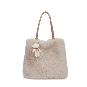 Beige faux fur tote bag with brown leather handles and cute bear charm pendant