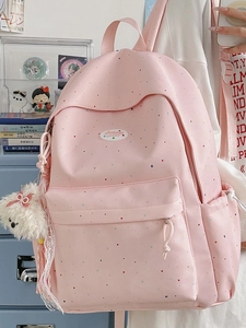 Pink polka dot waterproof nylon backpack for teen girls with plush puppy keychain