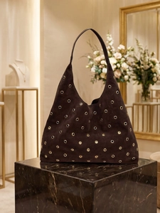 Women Vintage Suede Hobo Bag Large Capacity Shoulder Bag With Metal Eyelets Solid Color Commuting Tote Fashion Handbag
