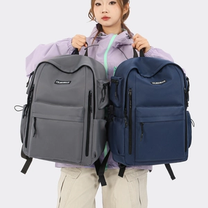 Detail of grey and navy water-resistant nylon backpacks with multi-pocket functional design