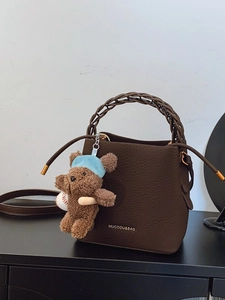 Women PU Leather Bucket Bag Large Capacity Crossbody Shoulder Bag Woven Handle Fashion Handbag With Bear Pendant For Daily Commute