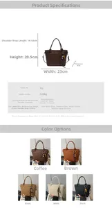 Detailed size chart and specifications for the woven PU leather bucket handbag