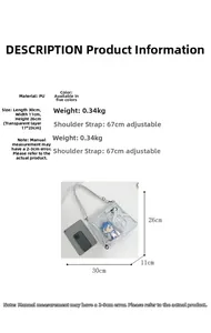 Detailed size chart of large PU ita bag showing 30x11x26cm dimensions and clear display pocket
