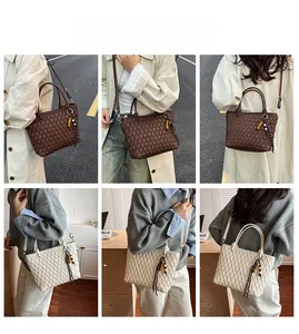 Detail shots of woven texture tote bags in dark brown and beige with tassel charms