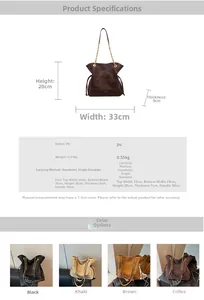 Size chart and details of large PU leather bucket bag with dimensions and strap info