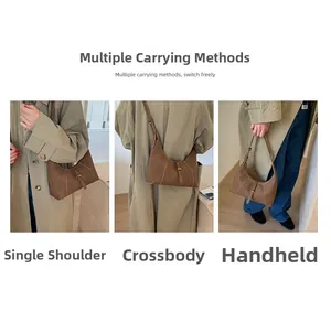 Three-way carry display of brown suede crossbody bag: shoulder, crossbody, and handbag style