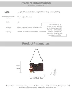 Detail view of brown PU leather tote bag with dimensions 31x9x19cm and teddy bear charm