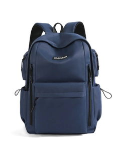 Front view of a dark blue lightweight travel backpack with multiple zippered pockets