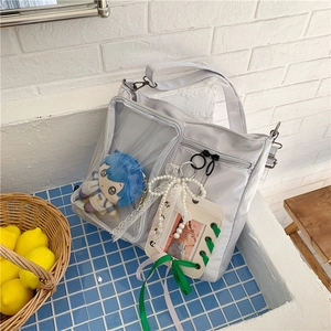 Borsa ita in nylon grigio chiaro con finestra in PVC, bambola di peluche e ciondoli