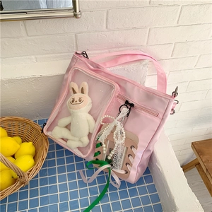 Borsa ita in nylon rosa con finestra in PVC, peluche a forma di coniglio e pizzo
