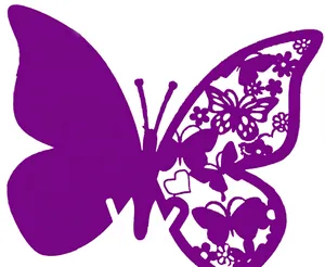 Deep purple butterfly laser-cut place card with intricate heart and floral patterns