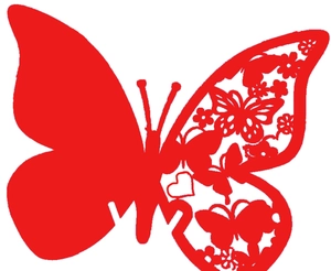 Red laser-cut butterfly place card with intricate floral and heart hollow patterns