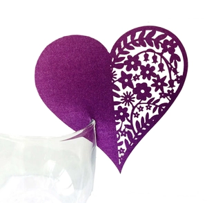 Purple laser-cut heart place cards with floral hollow design for wedding glass decoration