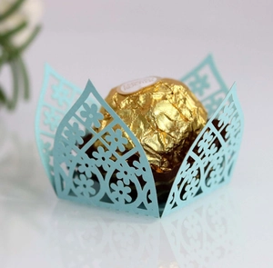 Laser-cut light blue lace chocolate wrapper with elegant floral patterns for parties