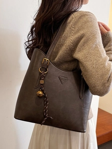 Retro large capacity dark brown faux leather tote bag with unique decorative pendant