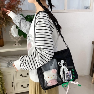 Dettaglio di una borsa ita nera con finestra in PVC trasparente e peluche Hello Kitty