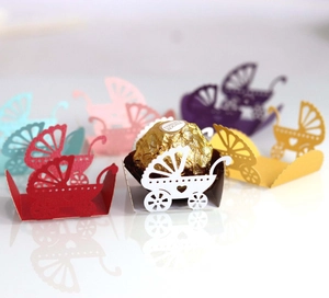 Laser cut baby stroller candy boxes in assorted colors for baby showers and party favors