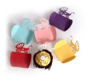 Laser cut hollow baby stroller candy boxes in six colors for party favors and gifts