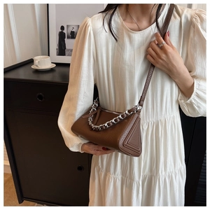 Elegant brown geometric shoulder bag with silver chain strap and pebbled leather texture