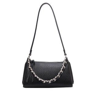 Fashionable black pebble leather hobo bag with stylish silver chain strap and sleek design