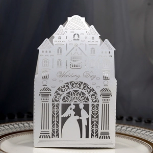 Laser cut white pearl paper wedding favor box with castle shape and bride groom silhouette