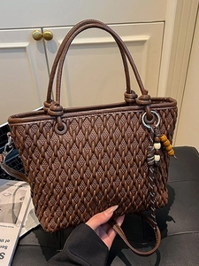 Retro Women Woven Texture PU Leather Bucket Bag Casual Shoulder Crossbody Tote Bag With Wooden Bead Charm Fashion Handbag