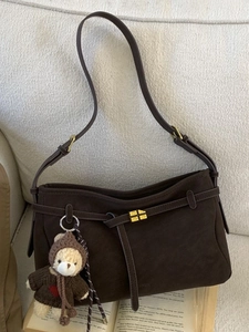 Vintage PU Leather Tote Bag For Women Retro Suede Texture Crossbody Bag Large Capacity Shoulder Bag With Plush Bear Pendant