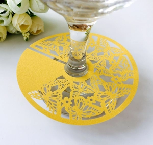 Laser-cut yellow butterfly wine glass cards for wedding party table decorations