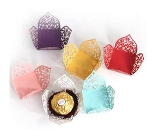 Detailed laser-cut hollow chocolate paper wrappers in six vibrant metallic colors