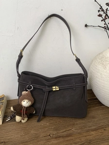 Retro dark brown matte leather tote bag with gold buckle and cute bear pendant decoration