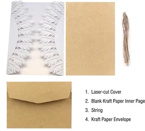 Elegant hollow feather laser-cut wedding card set with kraft envelope and jute twine