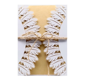 Laser Cut Wedding Invitation Set Pearlescent Paper Hollow Feather Cover With Kraft Paper Inner Twine Envelope Greeting Cards