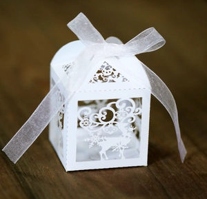 Close-up of laser-cut reindeer and snowflake patterns on a white festive candy box