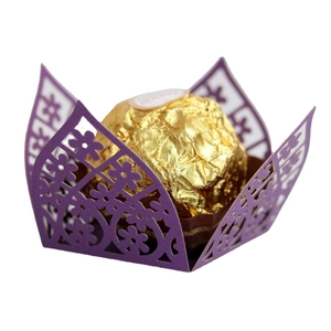 Elegant purple laser-cut paper favor box with floral patterns for wedding chocolates