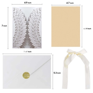 Hollow wedding invitation set with dimensions: 4.9x7in cover, inner card, and envelope
