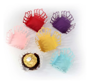 Laser cut crown chocolate liners in pearl paper colors for wedding candy box decoration