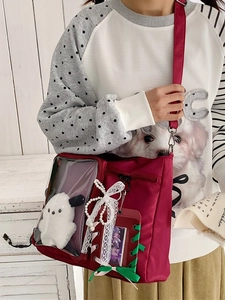 Borsa Ita in nylon bordeaux con finestra in PVC trasparente e fiocco in pizzo