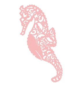 Pink seahorse place card with intricate floral laser cut patterns for wine glasses