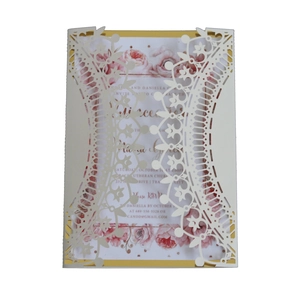 Elegant laser-cut wedding invitation with cream hollow lace cover and pink rose inner card