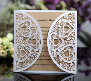 Invitations de Mariage Découpées au Laser Papier Perlé Coeur Creux Floral Cartes d'Invitation Avec Enveloppe Et Noeud en Satin