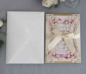 Elegant laser cut blue crown invitation card set with floral inner card and white envelope