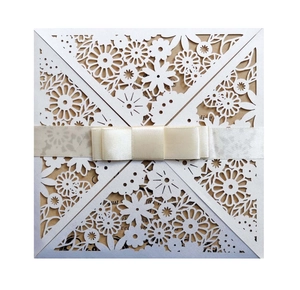 Laser Cut Floral Wedding Invitation Cards With Pearlescent Paper Cover Kraft Inner Sheet And Ribbon Bow