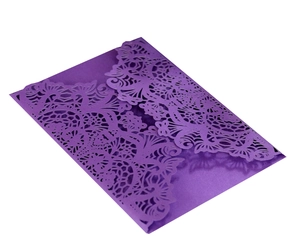 Elegant deep purple laser-cut wedding invitation sleeve with floral lace design